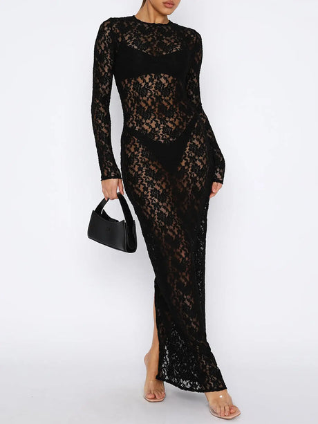 Women s Lace Long Dress Vintage Long Sleeve Round Neck Solid Color Bodycon Dress Party Gown - Lootquake