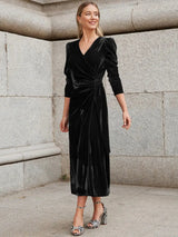 Elegant Solid Velvet Long Dress Women V-neck Wrap Long Sleeve High Waist Ruched Lace-up Birthday Dress Evening Sexy Party Vestid - Lootquake