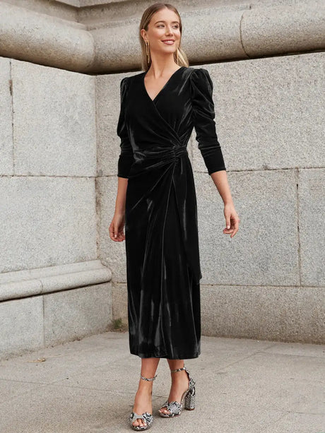 Elegant Solid Velvet Long Dress Women V-neck Wrap Long Sleeve High Waist Ruched Lace-up Birthday Dress Evening Sexy Party Vestid - Lootquake