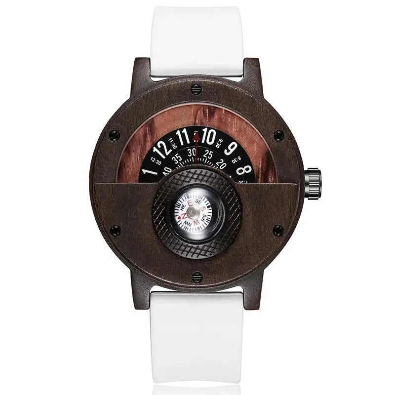 Reloj de madera natural para hombre, con brújula y esfera giratoria, de madera de nogal, ébano y bambú, de cuarzo, color marrón