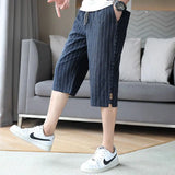 Summer New Trend Cotton Hemp Thin Straight Casual Capris Men Print Stripe Elastic Waist Drawstring Pocket Versatile Loose Shorts - Lootquake