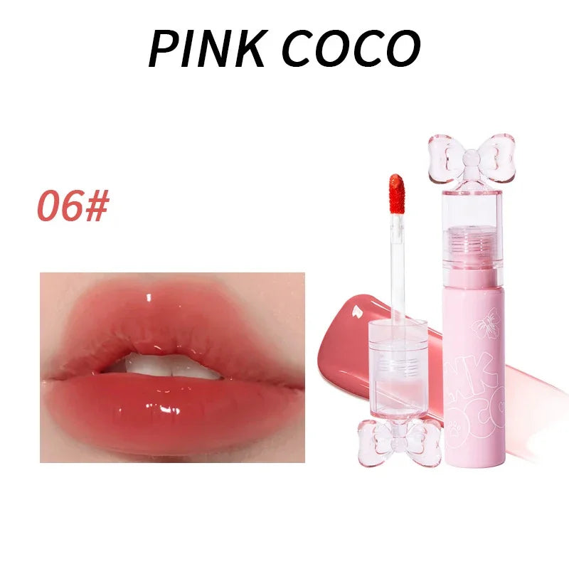 Cute Bow Water Mirror Lip Glaze Peach Pink Lipstick Liquid Moisturizing Non-stick Lip Gloss Makeup Sexy Red Lip Tint Cosmetics