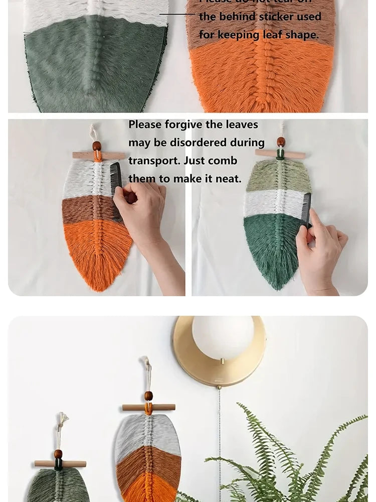 Bohemian Style Woven Leaves Hanging Wall Hanging Tapestry Set of 2 Home Decoration Cotton Thread Decorative Crafts Hangings