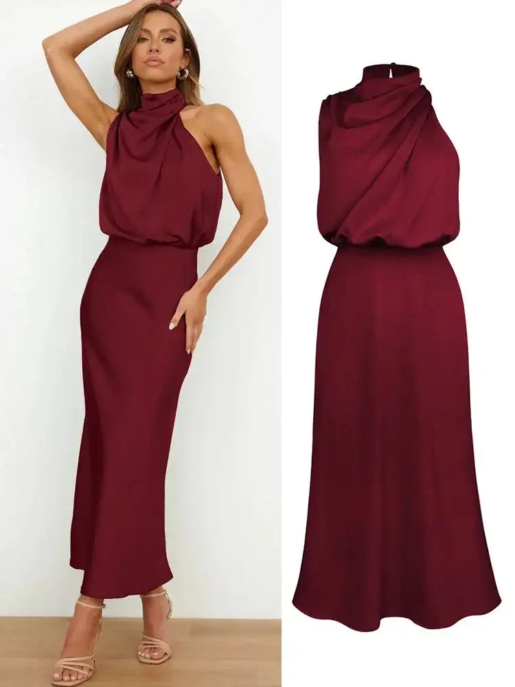 Vestido largo sin mangas de satén de seda de alta gama de verano para mujer, elegante vestido de noche para celebridades, ropa de fiesta para mujer