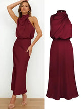 Vestido largo sin mangas de satén de seda de alta gama de verano para mujer, elegante vestido de noche para celebridades, ropa de fiesta para mujer