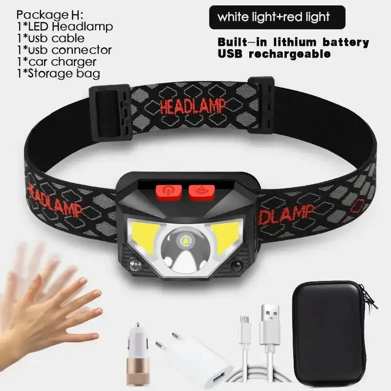 Potente linterna frontal LED recargable con sensor de movimiento corporal, linterna frontal para acampar, linterna frontal con USB