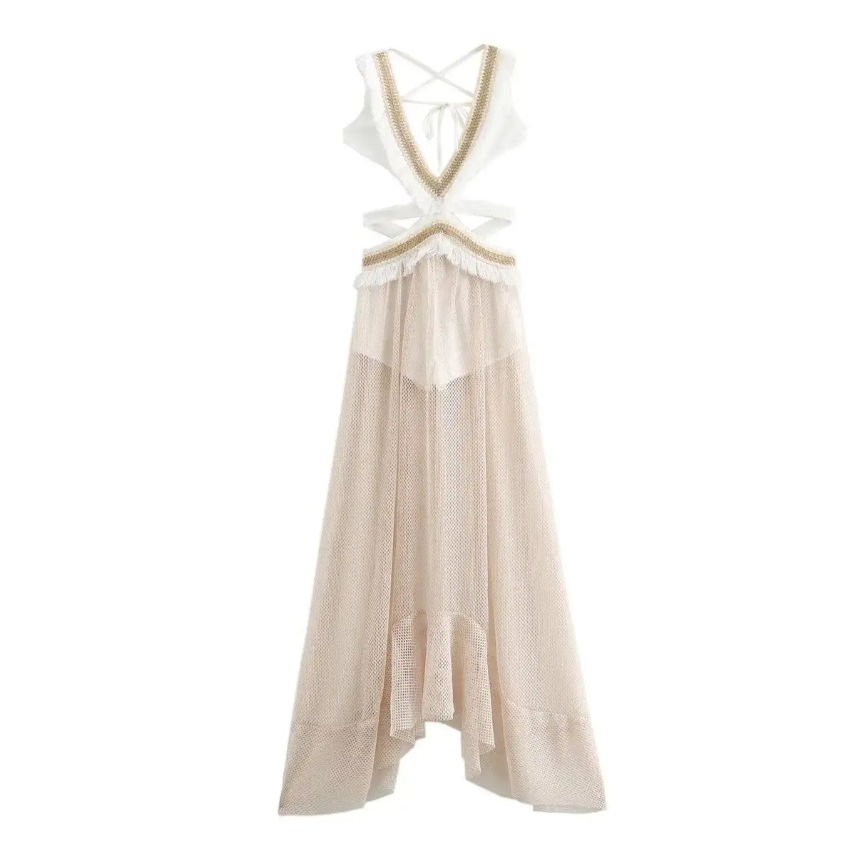 2024 Summer Beach Party Robes Women Fashion Deep V Neck Sleevelss See Through Dresses Sexy Printed Tassels Patchwork Long Dress - Lootquake