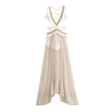 2024 Summer Beach Party Robes Women Fashion Deep V Neck Sleevelss See Through Dresses Sexy Printed Tassels Patchwork Long Dress - Lootquake