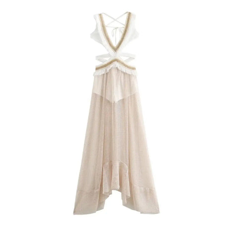 2024 Summer Beach Party Robes Women Fashion Deep V Neck Sleevelss See Through Dresses Sexy Printed Tassels Patchwork Long Dress - Lootquake