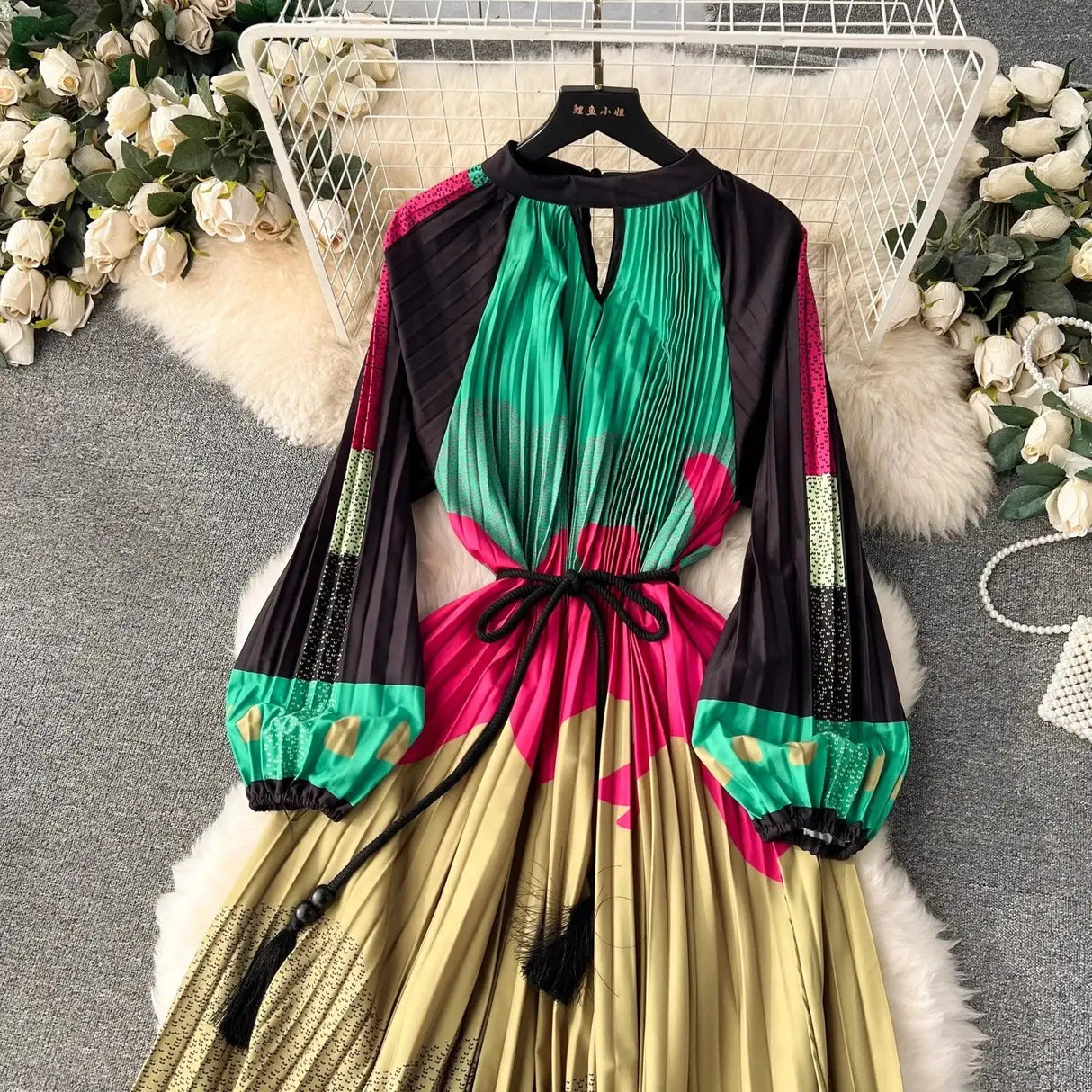 Spring Holiday Print Long Dress For Women Fashion Loose Lantern Sleeve Party Robe Female Big Swing Tassels Belt Pleated Clothes