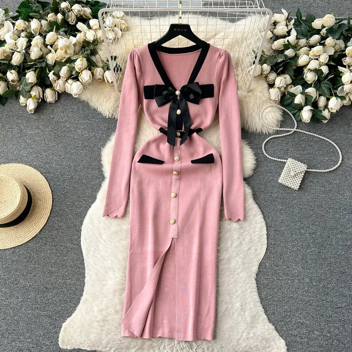 SINGREINY Office Lady Sweater Long Dress 2023 Bow Single Breasted Elastic Split Women Autumn Dress Fashion Senior Knitted Dress - Lootquake