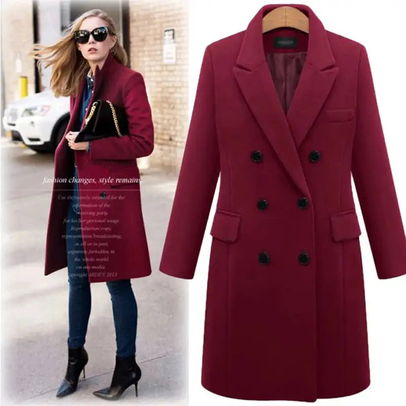 Autumn Winter Women's Woolen Jacket Long Windbreaker Double Breasted Slim Fit Coat - Lootquake