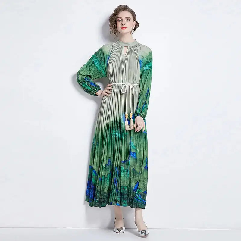 Spring Holiday Print Long Dress For Women Fashion Loose Lantern Sleeve Party Robe Female Big Swing Tassels Belt Pleated Clothes