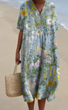 Casual Short Sleeved V-neck Big Swing Dress 2024 New Women's Loose Printed Long Dress Female Retro Flower Print Pullover Dresses - Lootquake