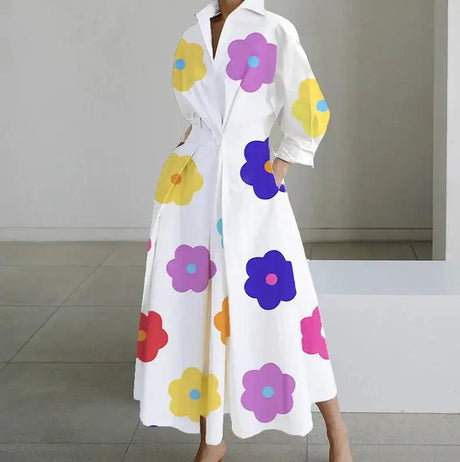 Autumn Dress Long Sleeve Dot Print Elegant Maxi Dresses For Women 2023 White Casual V Neck Shirt Party Long Dress Robe Femme - Lootquake