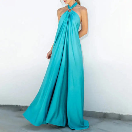 Women Dresses Solid Color Off Shoulder Backless Long Dress Neck Straps A-Line Beach Large Hem Dress Feminine Clothing - Lootquake