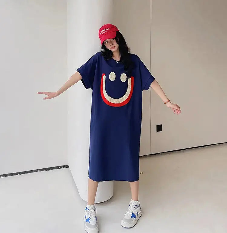 Vestido largo blanco con estampado Harajuku para mujer, ropa Y2K, informal, de manga corta y cuello redondo, moda coreana, vestidos sueltos de verano para mujer 2024
