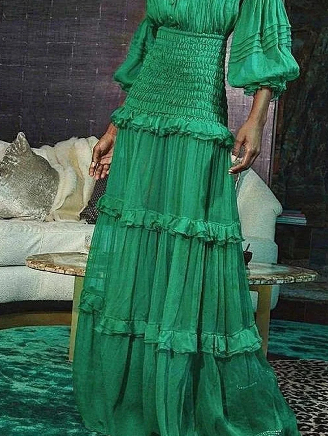 Elegant Long Dress Women Spring Autumn Stand Collar Lantern Sleeve Dress Female Ruffle Tiered Maxi Dress Vestidos Femmes 2025 - Lootquake