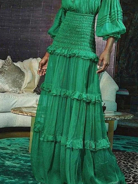 Elegant Long Dress Women Spring Autumn Stand Collar Lantern Sleeve Dress Female Ruffle Tiered Maxi Dress Vestidos Femmes 2025 - Lootquake