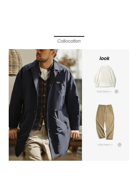 Maden Men's Vintage Balmacaan Waterproof Windbreaker Coat Single-Breasted Mid-Length Classic Collar Jacket for Spring and Autumn - Lootquake