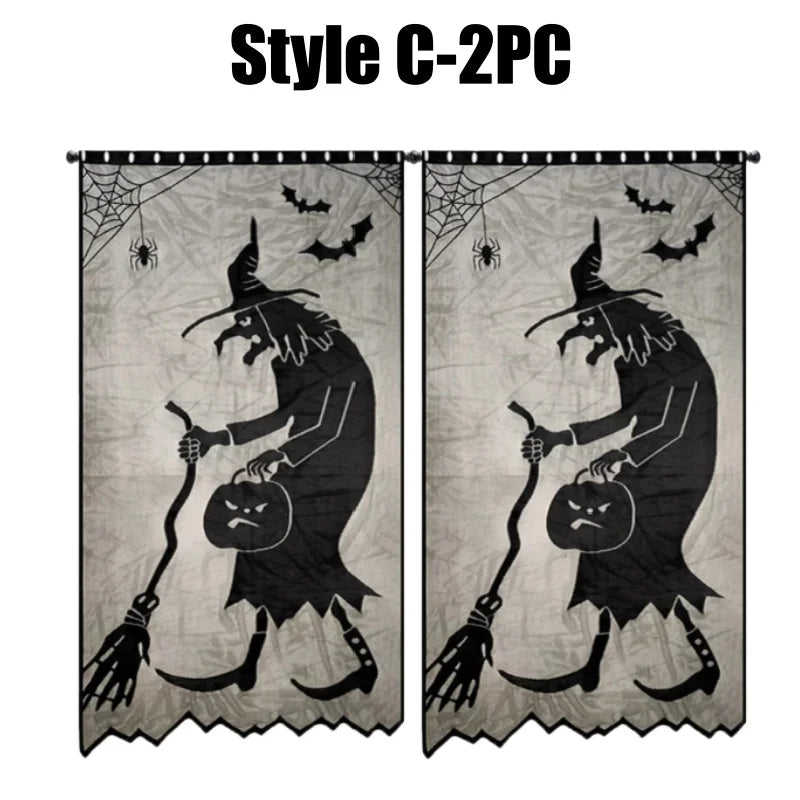 Halloween Window Decorations Halloween Door Curtain Skeleton & Bat Black Lace Panel for Haunted House Decor