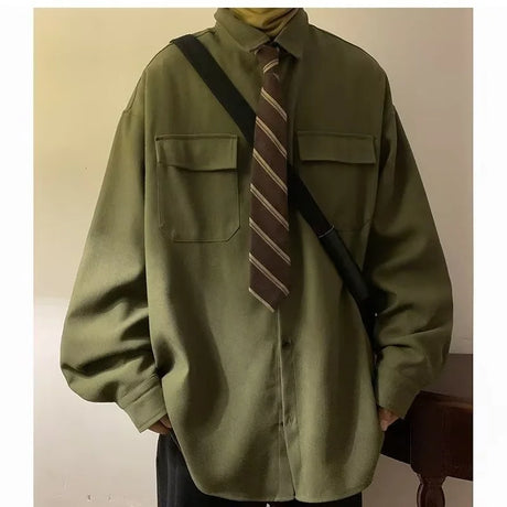 Autumn Green Black Shirt Men Fashion Social Mens Dress Shirt Korean Loose Long Sleeve Shirts Mens Pocket Tooling Shirt M-3XL - Lootquake