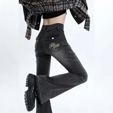 American High Street Spicy Girls Low Waist Jeans Women Autumn Vintage Y2k Design Sense Slim Fit Straight Tube Micro Flare Pants - Lootquake