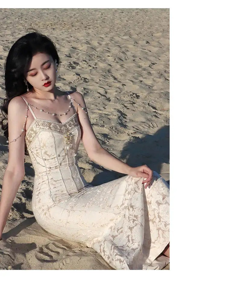 Summer Women Gorgeous Party Mermaid Prom Dress Spaghetti Strap Pearl Beading Ruffles Dress Feminine Backless Trumpet Long Dress - Lootquake