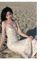 Summer Women Gorgeous Party Mermaid Prom Dress Spaghetti Strap Pearl Beading Ruffles Dress Feminine Backless Trumpet Long Dress - Lootquake