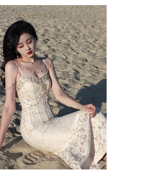 Summer Women Gorgeous Party Mermaid Prom Dress Spaghetti Strap Pearl Beading Ruffles Dress Feminine Backless Trumpet Long Dress - Lootquake
