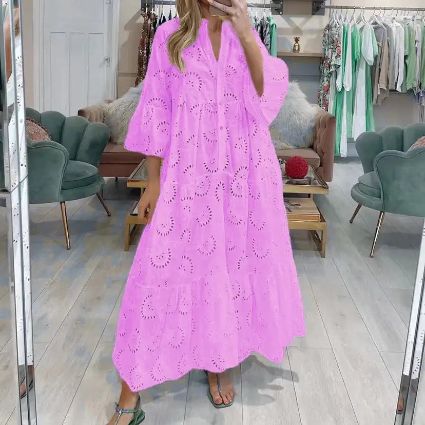Fitshinling Cotton Long Dress Women Costume Flare Sleeve Slim A-Line Robe Fashion Hollow Out Lace Maxi Dresses Dance Wear - Lootquake