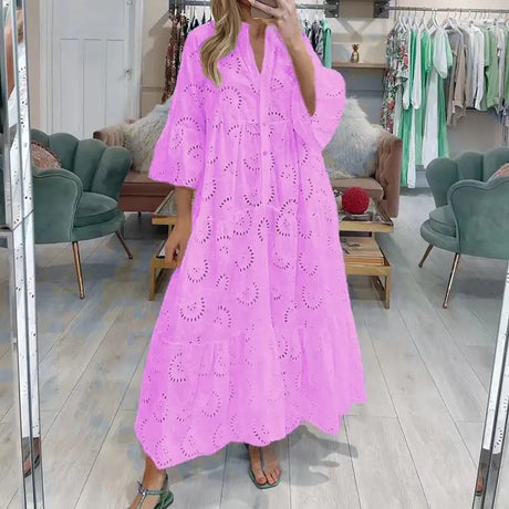 Fitshinling Cotton Long Dress Women Costume Flare Sleeve Slim A-Line Robe Fashion Hollow Out Lace Maxi Dresses Dance Wear - Lootquake