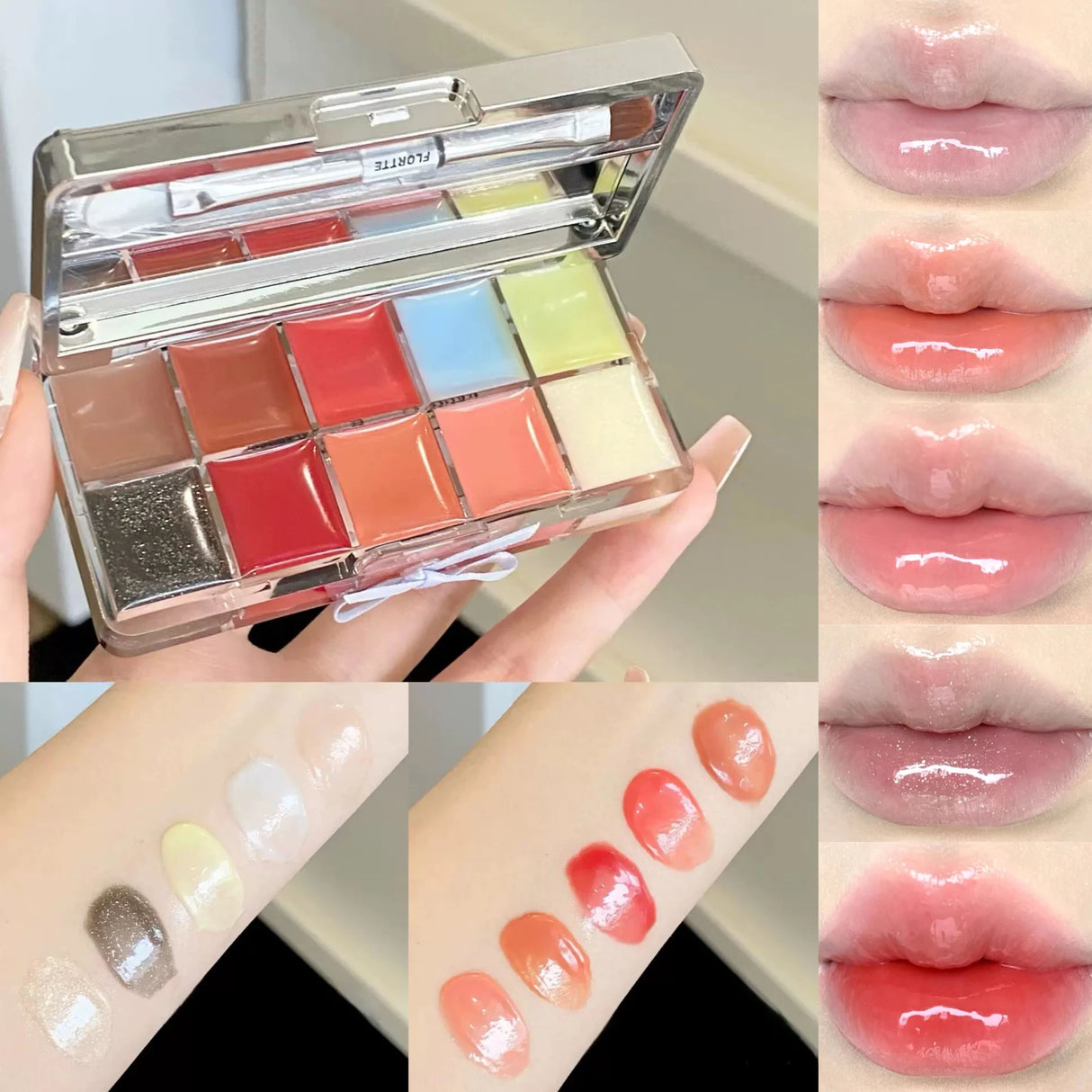 FLORTTE 10-Color Lip Palette Lip Gloss and Lipstick Glossy Moisturizing Pigmented Multifunctional Easy to Apply