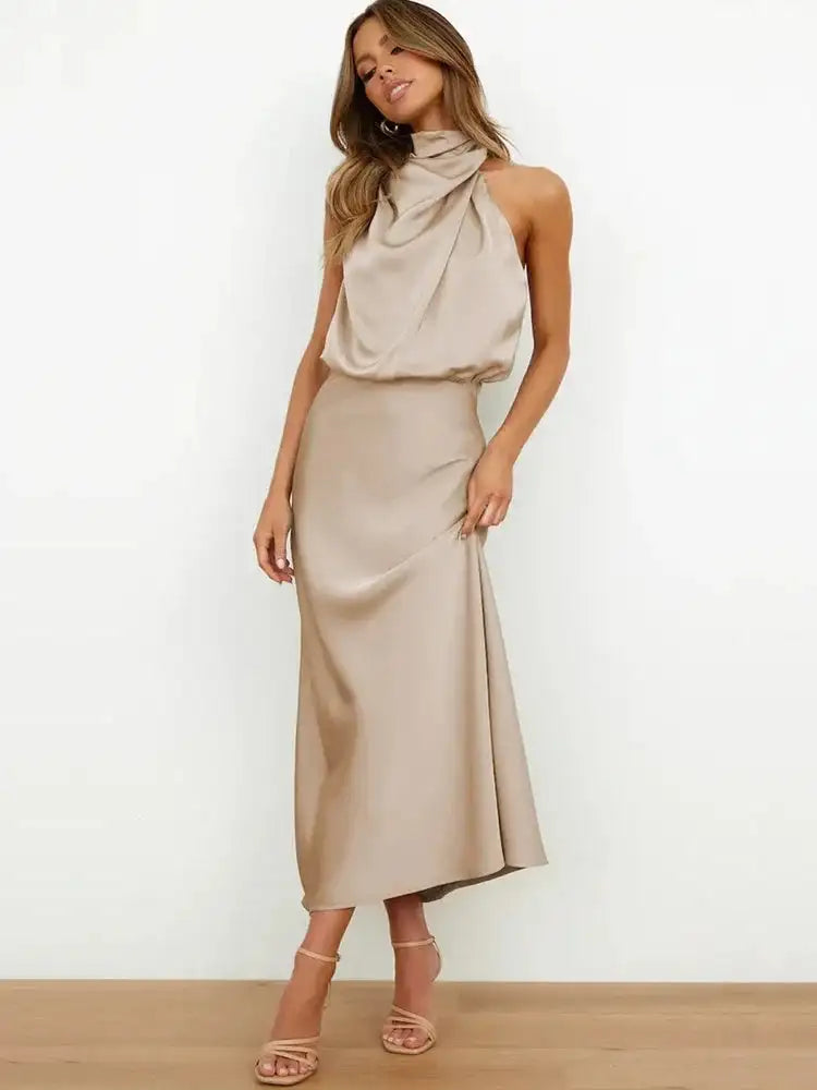 Summer High-End Silk Satin Sleeveless Long Dress Women Fashion Elegant Celebrity Dresses Evening Dress Party Clothes Ladies - Lootquake