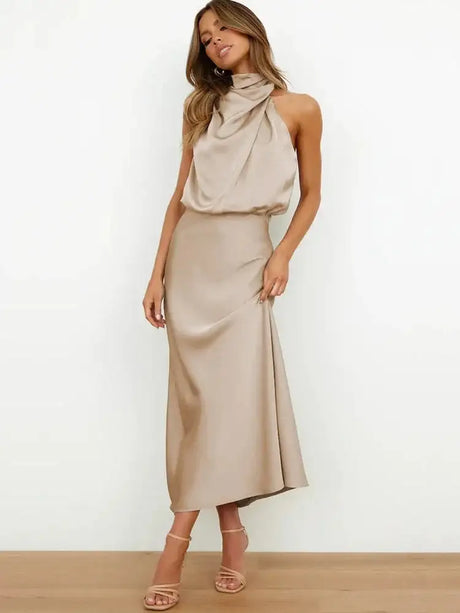 Summer High-End Silk Satin Sleeveless Long Dress Women Fashion Elegant Celebrity Dresses Evening Dress Party Clothes Ladies - Lootquake