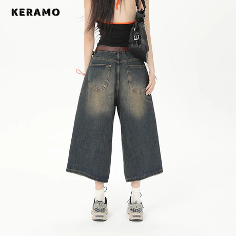 Vintage Streetwear Women Jeans 2024 Summer Loose Male Wide Leg Knee Length Shorts Men's Oversize Fashion Denim Trouser Pants Y2K - Lootquake