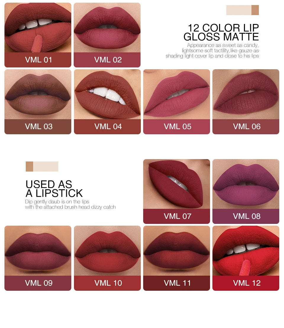 O.TWO.O 12 colores Lápiz labial mate aterciopelado de alta calidad Maquillaje de labios de larga duración Resistente al agua Fácil de usar Brillo labial líquido mate