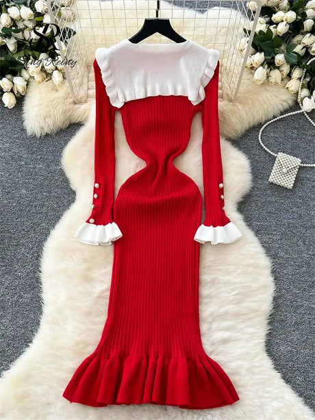 SINGREINY 2024 Hotsweet Slim Autumn Dress Women Peter pan Collar Long Sleeves Patchwork Preppy Style Mermaid Sweater Long Dress - Lootquake