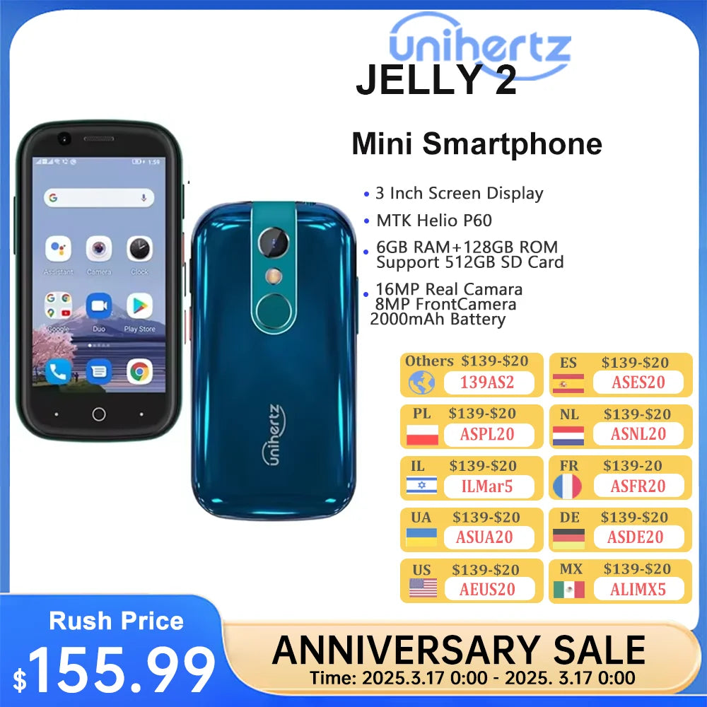 Smartphone pequeño Unihertz Jelly 2, Helio P60 Octa Core, Android 11, 6 GB + 128 GB, 16 MP, batería de 2000 mAh, doble SIM