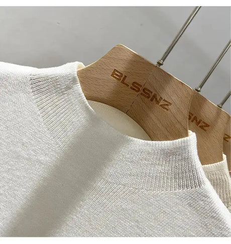 Half High Collar T-shirts Flying Sleeve Design Slim Knitted Sleeveless Top Women Simple Comfortable White T-shirts Summer 2025 - Lootquake