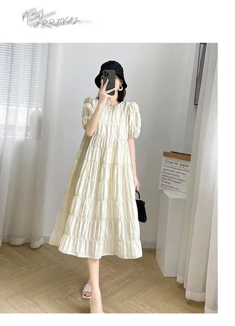 2025 Summer Maternity Pleated Dress Solid Color Loose Pregnant Woman Long Dress Short Sleeve Plus Size Pregnancy Ball Gown Dress - Lootquake