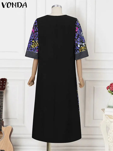 Plus Size Women Maxi Long Dress 2024 VONDA Vintage Half Sleeve Floral Printing Robes Dress Loose Oversize Vestido Streetwear - Lootquake