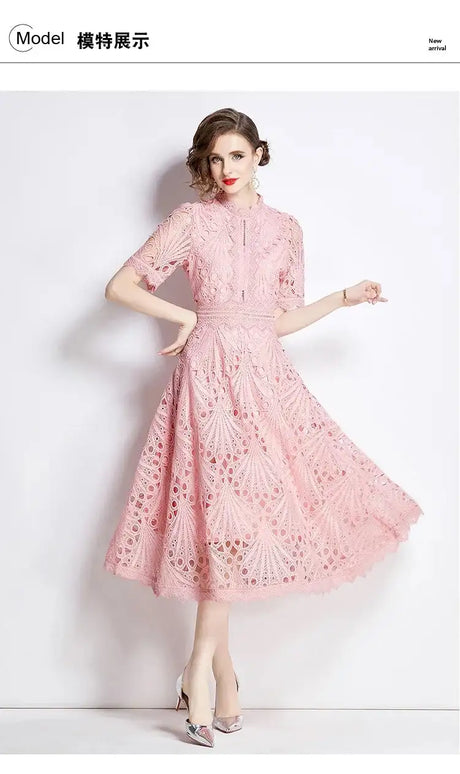 SMTHMA Vintage High-End O-Neck Short Sleeve Lace Hollow Out Dress For Women's Summer Slim Elegant Long Dress Female Clothing - Lootquake