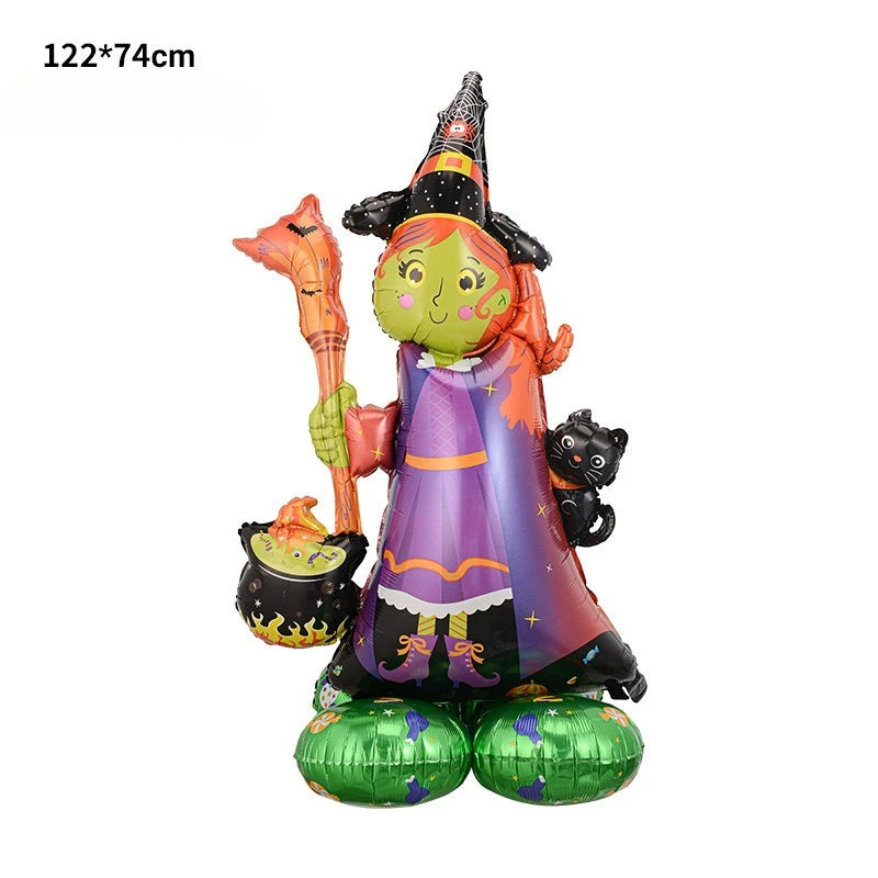 Halloween Decor Giant Standing 3D Foil Balloon Witch Pumpkin Tombstone Mummy with Base Haunted House Yard Displays Party Prop