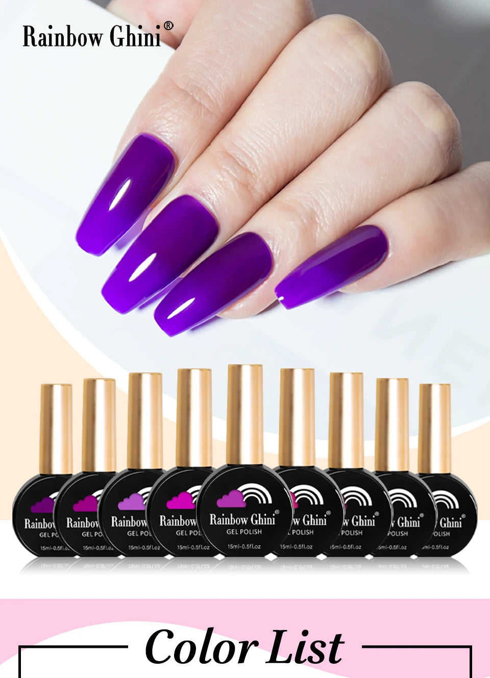 Rainbow Ghini UV LED Glitter Purple Gel Nail Polish 15ml Manicure Art Accessories Nail Glue Supplies for Professionals Varnishes