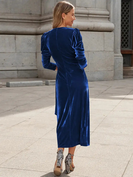 Elegant Solid Velvet Long Dress Women V-neck Wrap Long Sleeve High Waist Ruched Lace-up Birthday Dress Evening Sexy Party Vestid - Lootquake