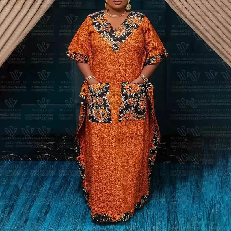 Plus Size 5XL VONDA 2024 Bohemian Printed Long Dress Summer Women V-Neck Short Sleeve Maxi Sundress Casual Pockets Loose Robe - Lootquake