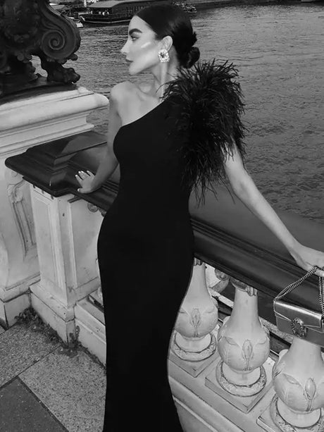BWQ Black Sleeveless One Shoulder Feather Maxi Dress For Women Bodycon Sexy Party Elegant Long Dress Birthday Evening Outfit - Lootquake