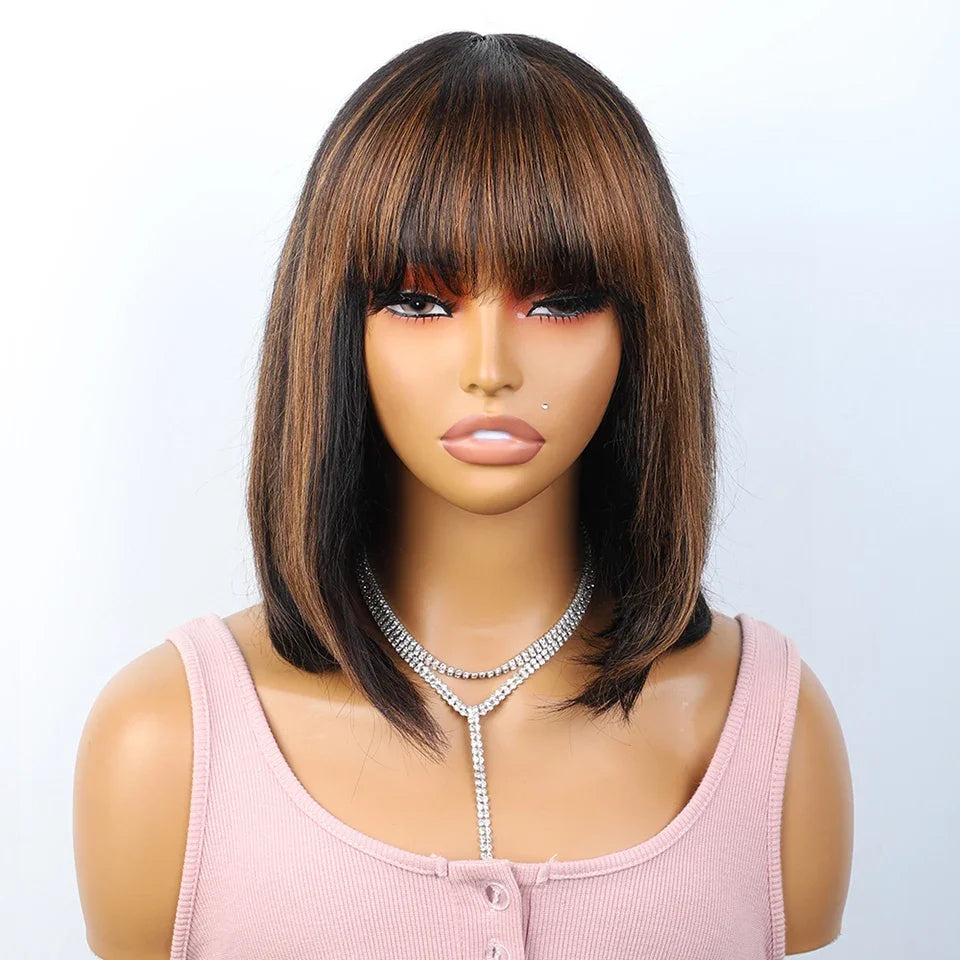 #27 Brown Straight Bob Wig with Bangs | Human Hair Lace Top & Realistic Scalp