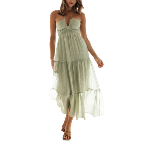 Women Low Cut Backless Maxi Dresses Elegant Spaghetti Strap Tiered Long Dress Relax Fit Open Back Cutout Flowy Sundress - Lootquake